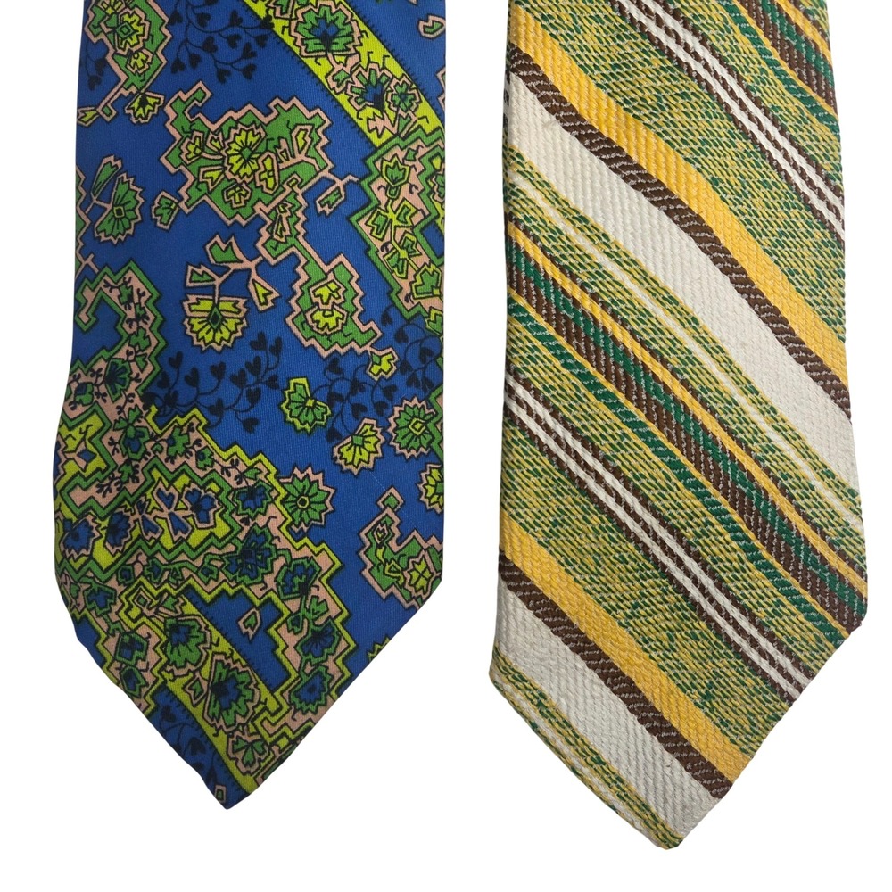 Vintage‎ 70s Wide Necktie Lot of 2 Blue Psychedelic Floral Bright Striped Dacron
